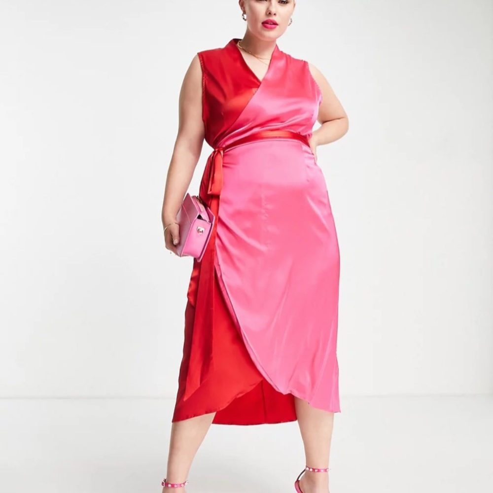 NEW never fully dressed colorblock red & pink satin midi wrap dress